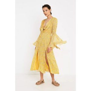 Yellow Tie Front Maxi Dress with Bell Sleeves